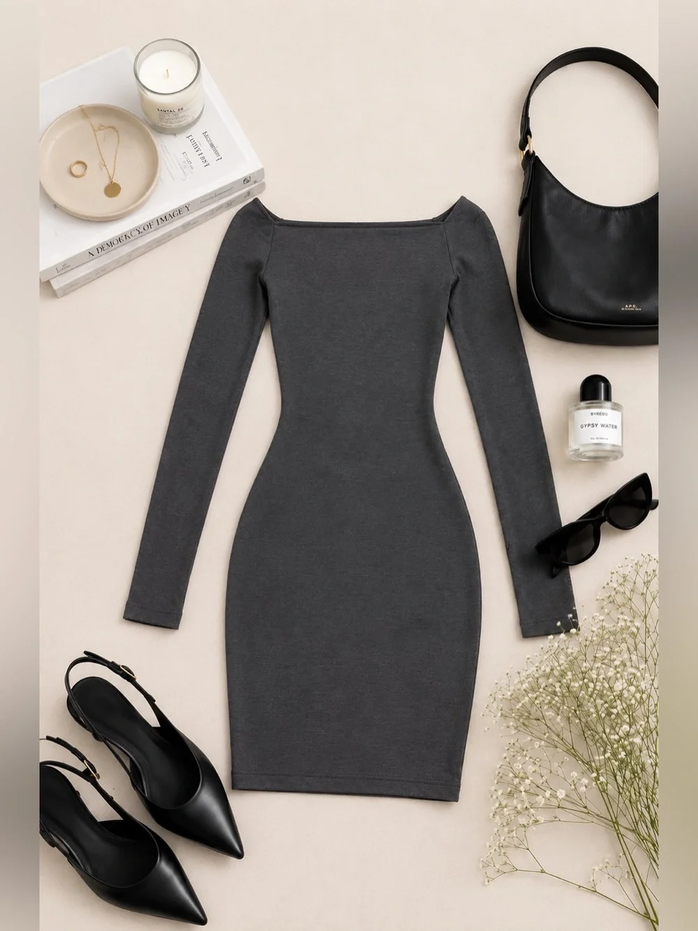 ARITZIA WILFRED FREE Olivia Charcoal Gray Off Shoulder Bodycon Dress Long Sleeve